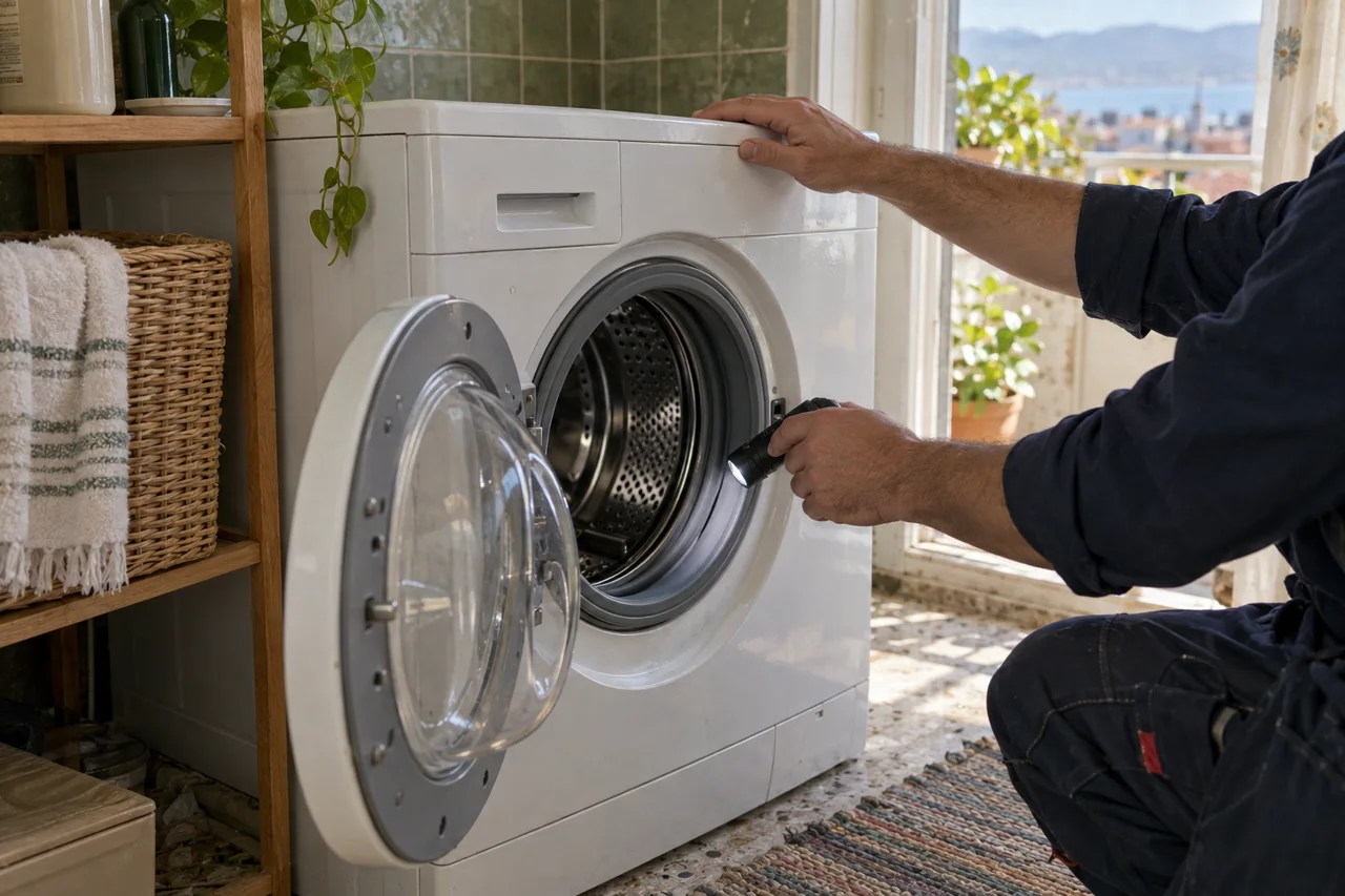 Çamaşır makinesinin kapak contasını kontrol eden teknisyen; temsili servis görseli